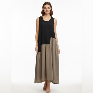 CORRELL CORRELL‎ DRESS BLACK GREY MAXI SQUARE STEP GEOMETRIC BOHO COTTON BAGGY